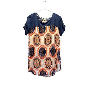 Anthropologie Meadow Rue Medallion Print Top Blouse Shirt Size Large Navy Blue